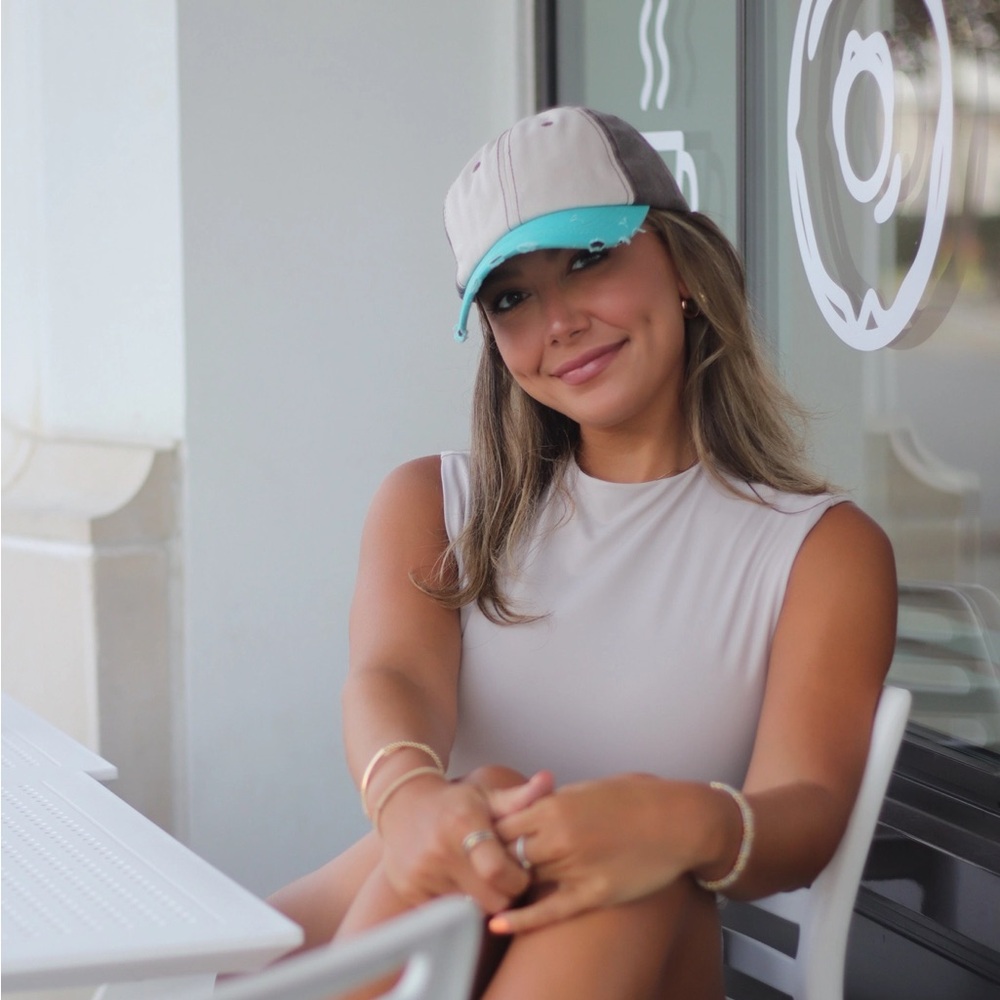 Ladies Beige, Brown and Turquoise Distressed Baseball Cap Hat - Picture 4 of 6
